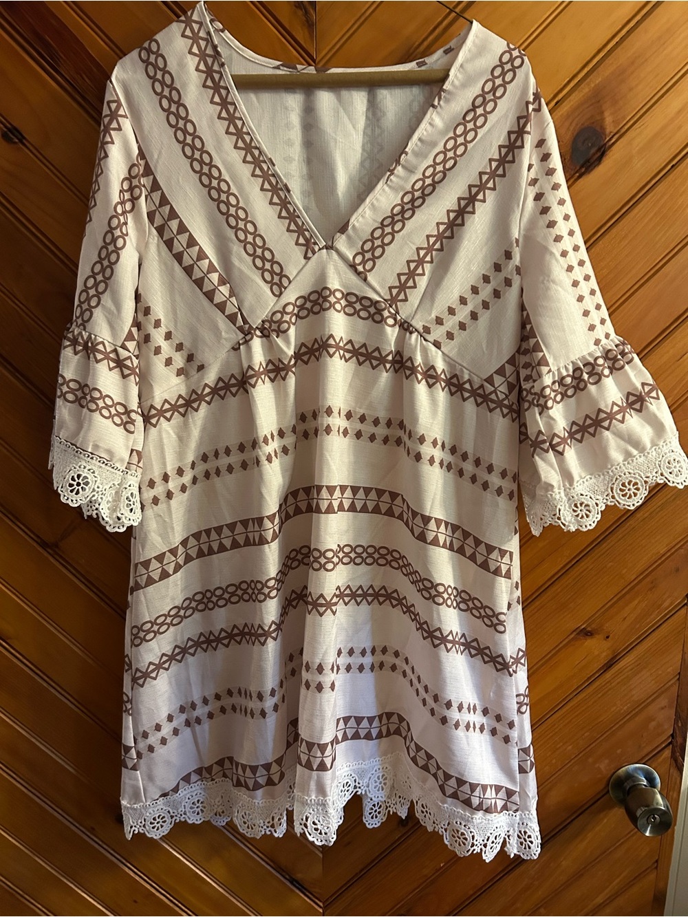 SHEIN Cream Tunic with Brown Geometric Print and Crochet Trim